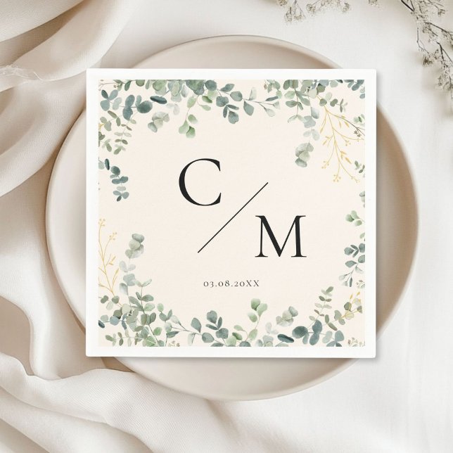 Monogram Eucalyptus Wedding  Napkins (Monogram Eucalyptus Wedding Napkinswith your name and date.)