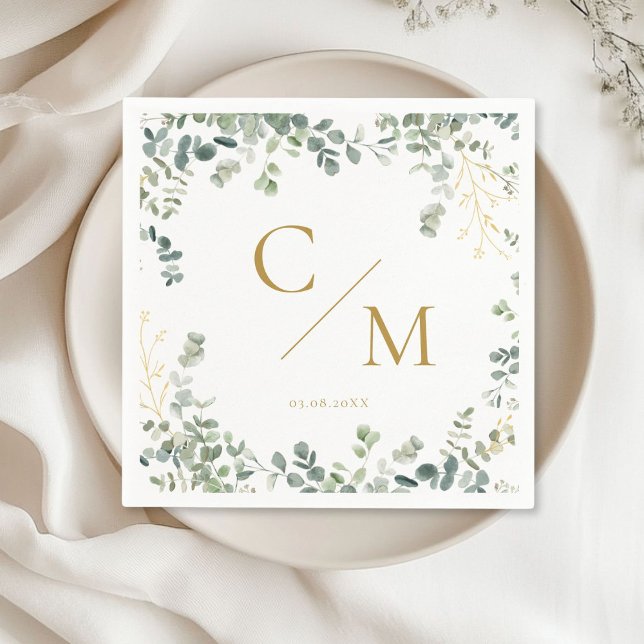 Monogram Eucalyptus Wedding  Napkins (Monogram Eucalyptus Wedding Napkinswith your name and date.)
