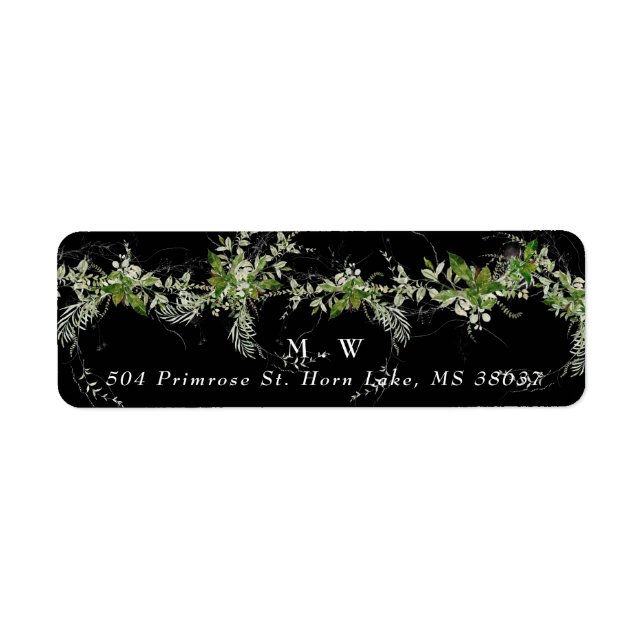 Monogram Eucalyptus Wreath Premium Black Envelope Label (Front)