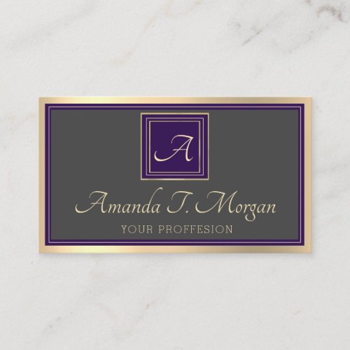 Monogram Event Planner Gold Gray Framed Purple Business Card