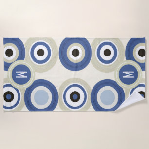Monogram Evil Eye Retro Modern Beach Towel