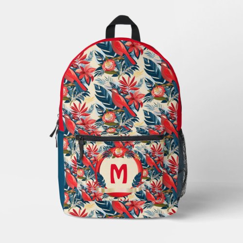 Monogram Exotic flowers and red birds pattern Boho Printed Backpack