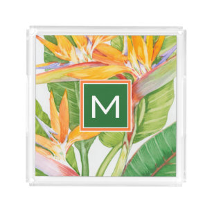 Monogram Exotic Flowers Watercolor Acrylic Tray