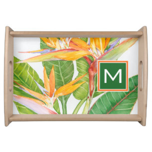 Monogram   Exotic Flowers Watercolor Serving Tray