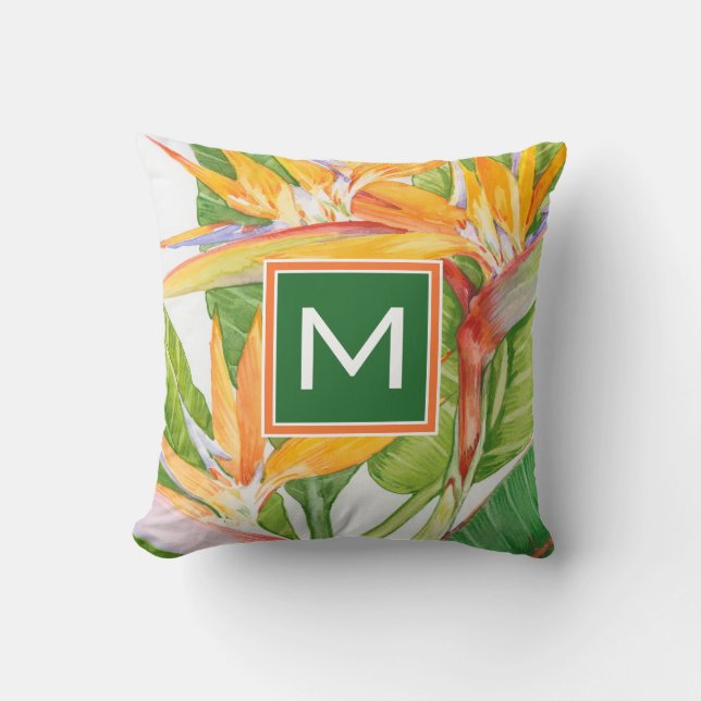 Monogram | Exotic Flowers Watercolor Throw Pillow (Front)