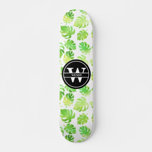 Monogram Exotic Monstera Leaf Watercolor Pattern Skateboard