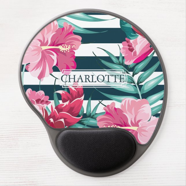 Monogram Exotic Summer Floral striped Gel Mouse Pad (Front)