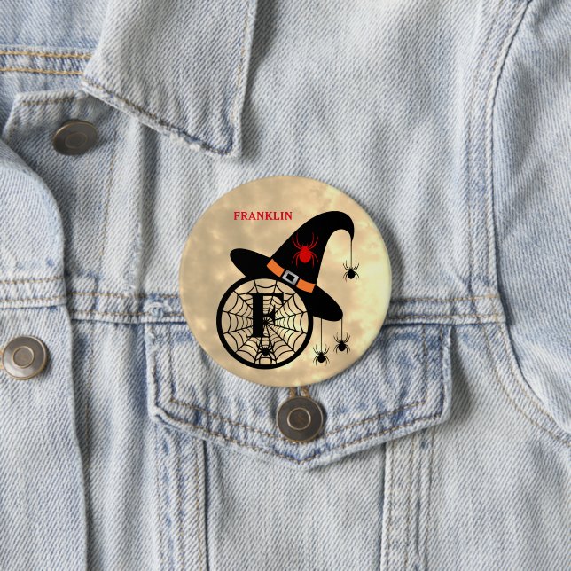 Monogram F Halloween Sky Witch Spiders Name Button (In Situ)