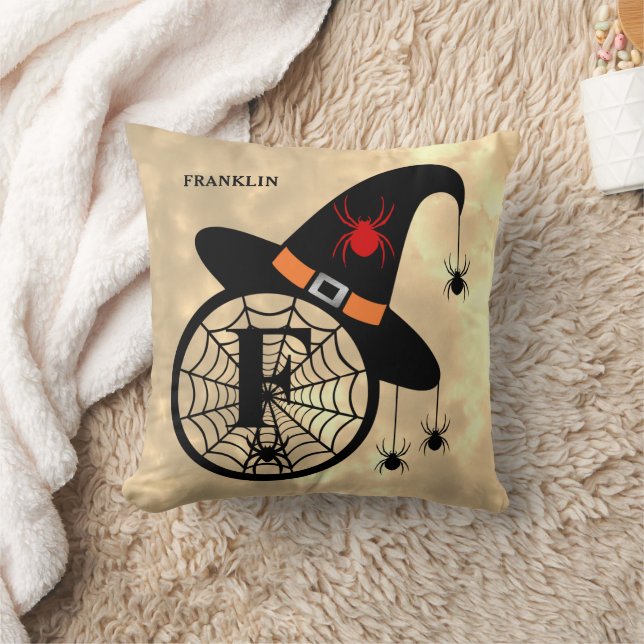 Monogram F Halloween Sky Witch Spiders Name Throw Pillow (Blanket)