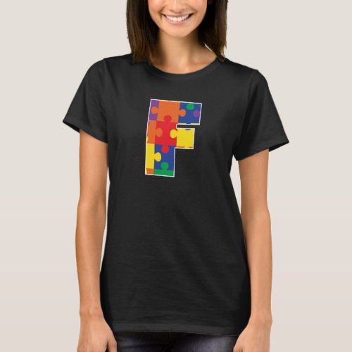 Monogram F in Multi Color Puzzle Pieces T_Shirt