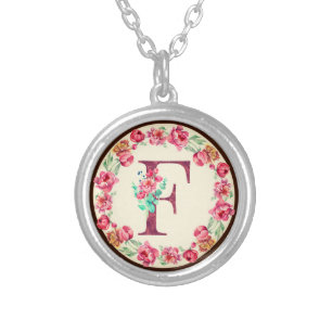 Monogram F Letter with Peony Flower Charm Silver Plated Necklace
