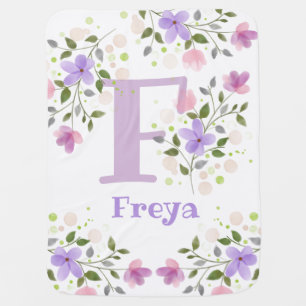 Monogram F & Name Freya with Flowers Baby Blanket