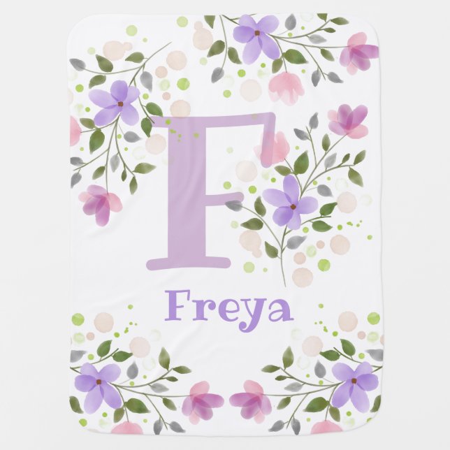 Monogram F & Name Freya with Flowers Baby Blanket (Front)
