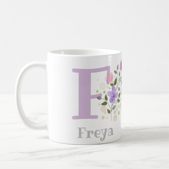 Monogram F & Name Freya with Flowers Coffee Mug (Left)