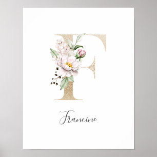 Monogram F Pink White Floral Gold Letter Nursery  Poster
