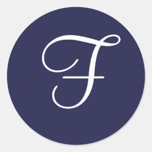 Monogram F, White on Navy Blue, Classic Round Sticker