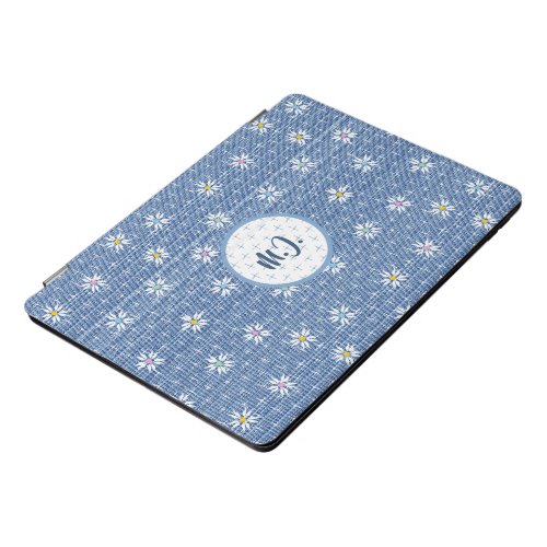 Monogram faded washed denim look with flowers iPad pro cover