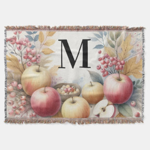 Monogram Fall apples in pastel colors watercolor Throw Blanket