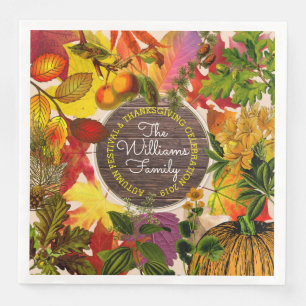 Monogram Fall Autumn Leaves Collage Vintage Wood Paper Dinner Napkins