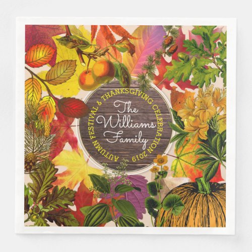 Monogram Fall Autumn Leaves Collage Vintage Wood Paper Dinner Napkins