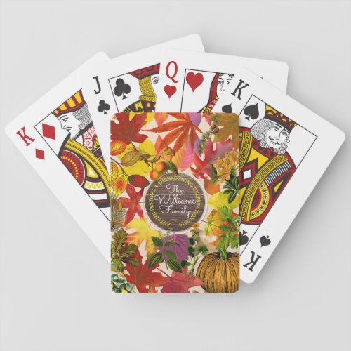 Monogram Fall Autumn Leaves Collage Vintage Wood Poker Cards