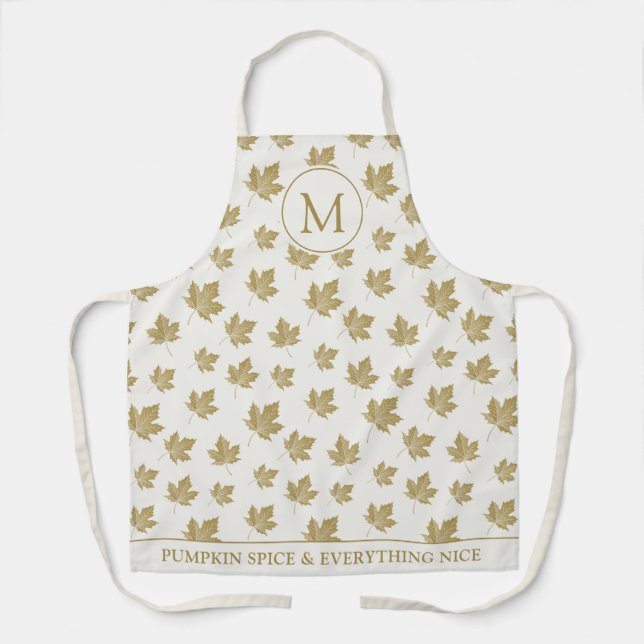 Monogram Fall Autumn Leaves Pattern & Custom Text. Apron (Front)