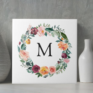 Monogram Fall Autumn Rose Flower Floral Wreath Ceramic Tile