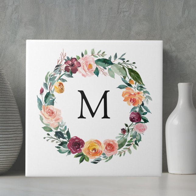 Monogram Fall Autumn Rose Flower Floral Wreath  Ceramic Tile (Close up)