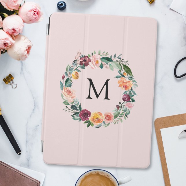 Monogram Fall Autumn Rose Flower Floral Wreath iPad Pro Cover (In situ)
