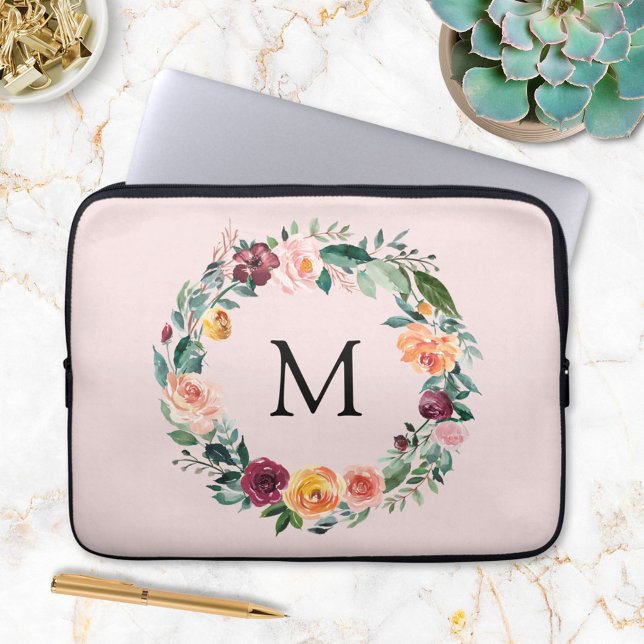 Monogram Fall Autumn Rose Flower Floral Wreath  Laptop Sleeve (In situ)
