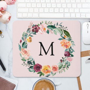 Monogram Fall Autumn Rose Flower Floral Wreath  Mouse Pad