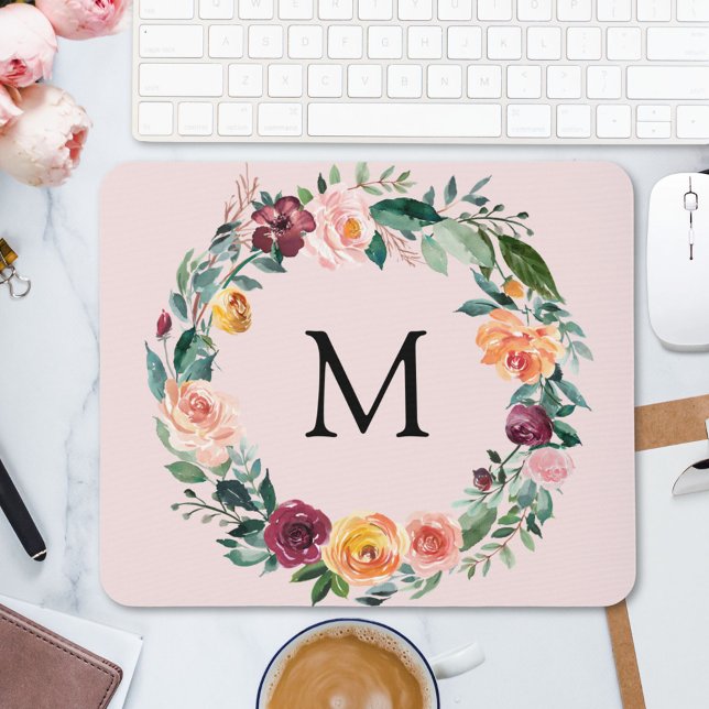Monogram Fall Autumn Rose Flower Floral Wreath  Mouse Pad (In situ)