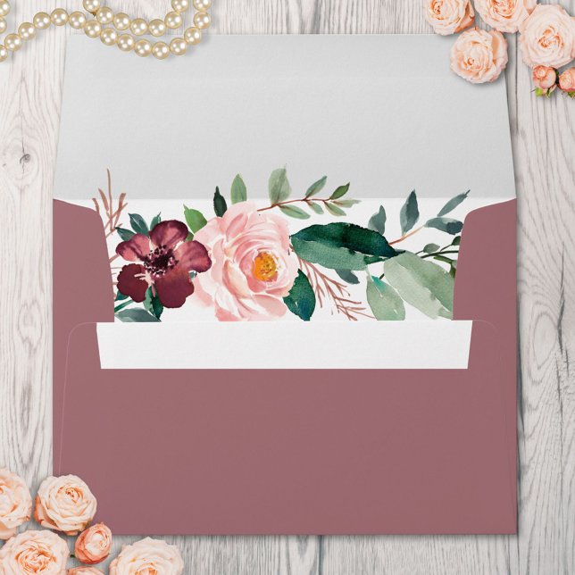 Monogram Fall Autumn Rose Wreath Return Address Envelope (In situ)