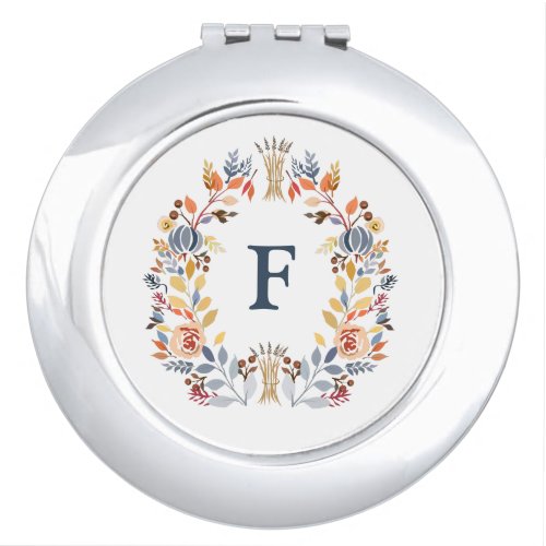 Monogram Fall Color Yellow Orange Red Blue Floral Compact Mirror