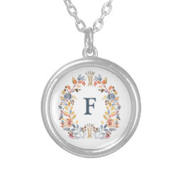 Monogram Fall Color Yellow, Orange Red Blue Floral Silver Plated Necklace