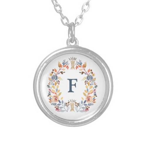 Monogram Fall Color Yellow Orange Red Blue Floral Silver Plated Necklace