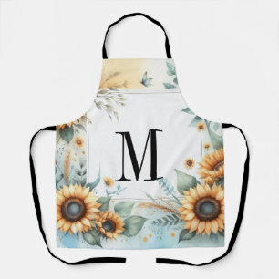 Monogram Fall flowers and sunflowers watercolor Apron