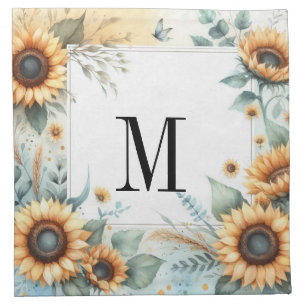 Monogram Fall flowers and sunflowers watercolor Cloth Napkin