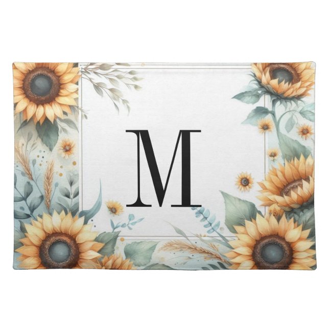 Monogram Fall flowers and sunflowers watercolor Cloth Placemat (Front)