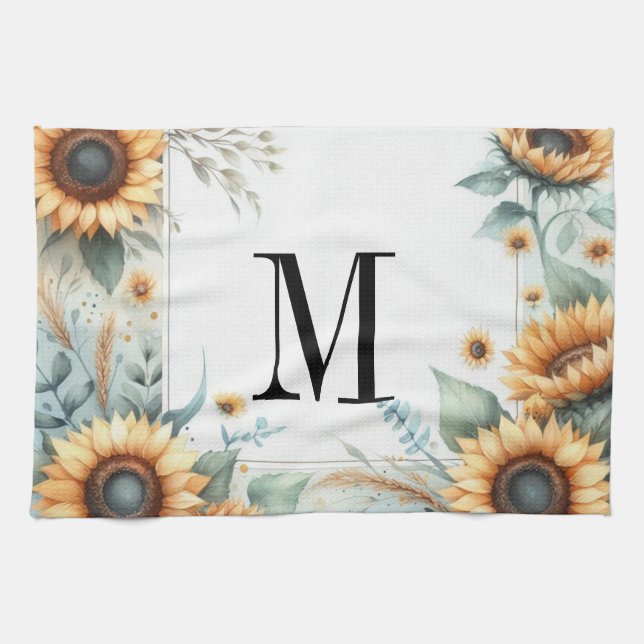 Monogram Fall flowers and sunflowers watercolor Kitchen Towel (Horizontal)