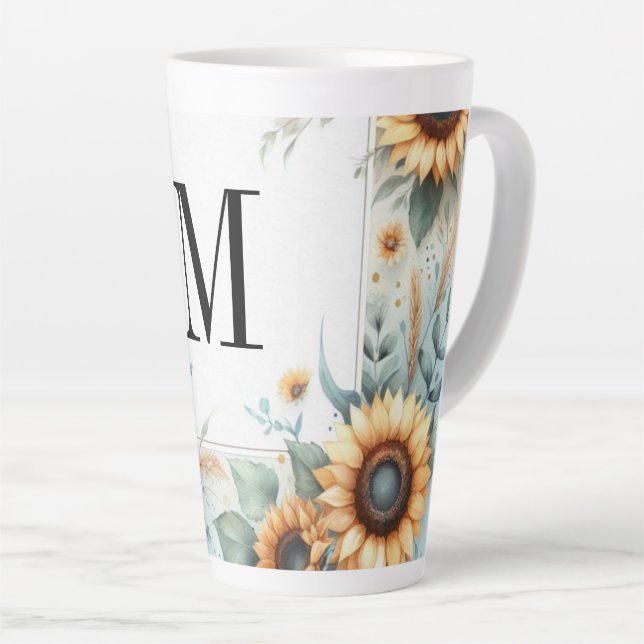 Monogram Fall flowers and sunflowers watercolor Latte Mug (Right Angle)