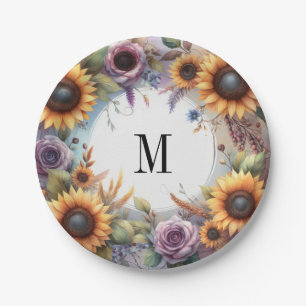 Monogram Fall flowers and sunflowers watercolor Paper Plates