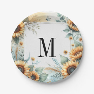 Monogram Fall flowers and sunflowers watercolor Paper Plates