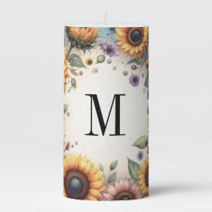 Monogram Fall flowers and sunflowers watercolor Pillar Candle