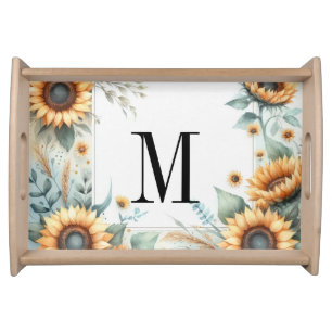 Monogram Fall flowers and sunflowers watercolor Serving Tray