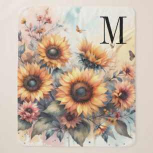 Monogram Fall flowers and sunflowers watercolor Sherpa Blanket