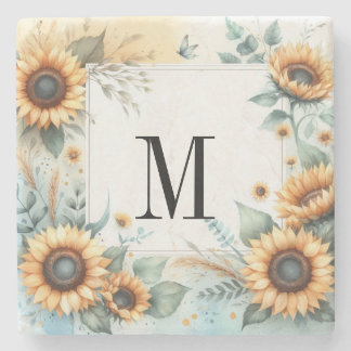 Monogram Fall flowers and sunflowers watercolor Stone Coaster
