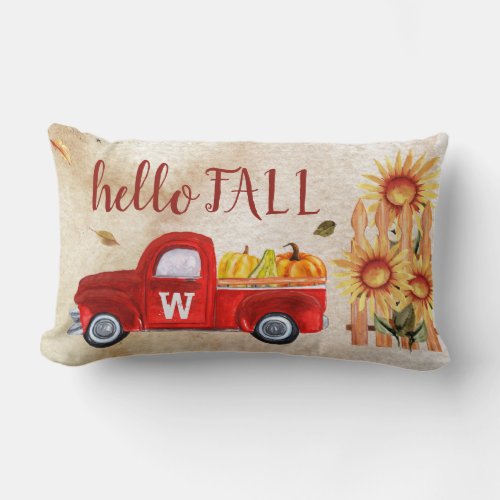 Monogram Fall Is Here Red Truck Pumpkin Sunflowers Lumbar Pillow