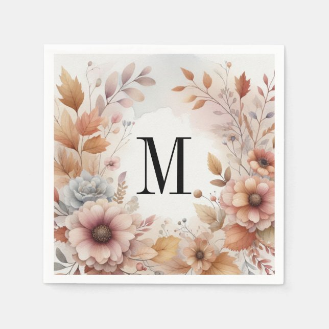 Monogram Fall leaves and flowers watercolor  Napkins (Front)