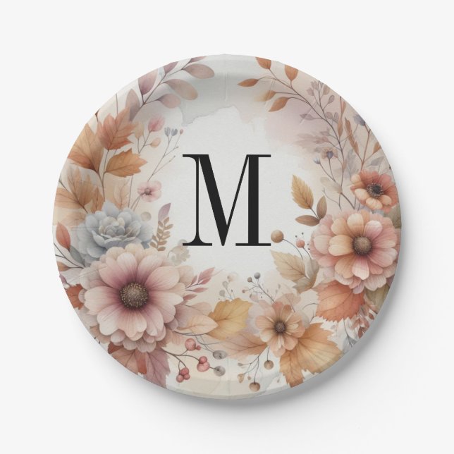 Monogram Fall leaves and flowers watercolor  Paper Plates (Front)